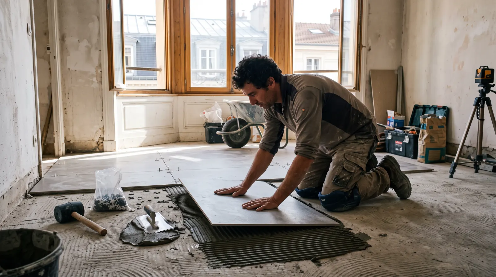 Pose de carrelage grand format au sol, avec maillet et niveau
