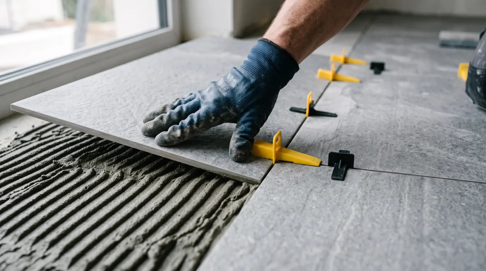Croisillons en place et joints en cours de réalisation sur un carrelage