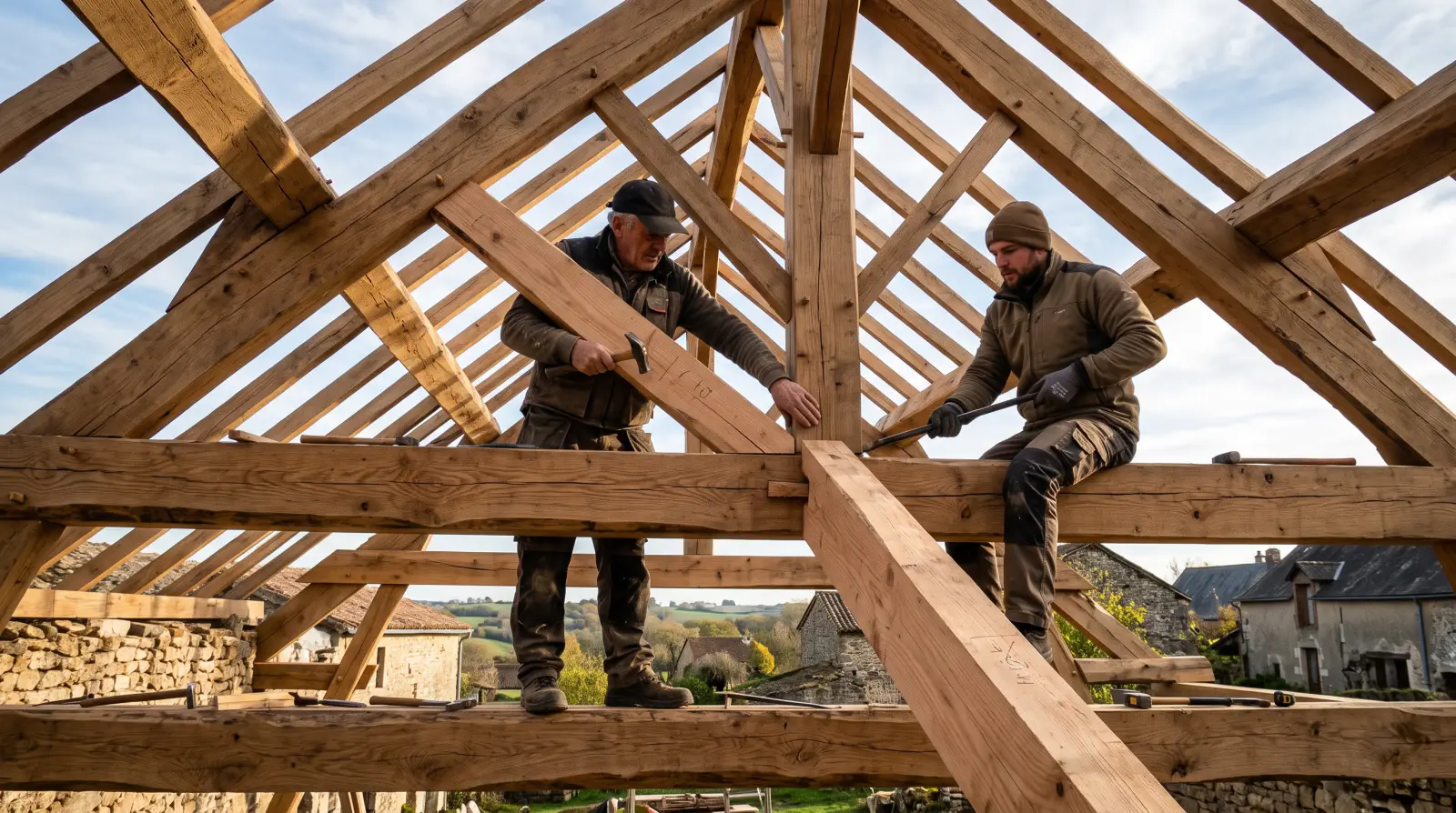 Levage d'une charpente traditionnelle, fermes en place sur les murs