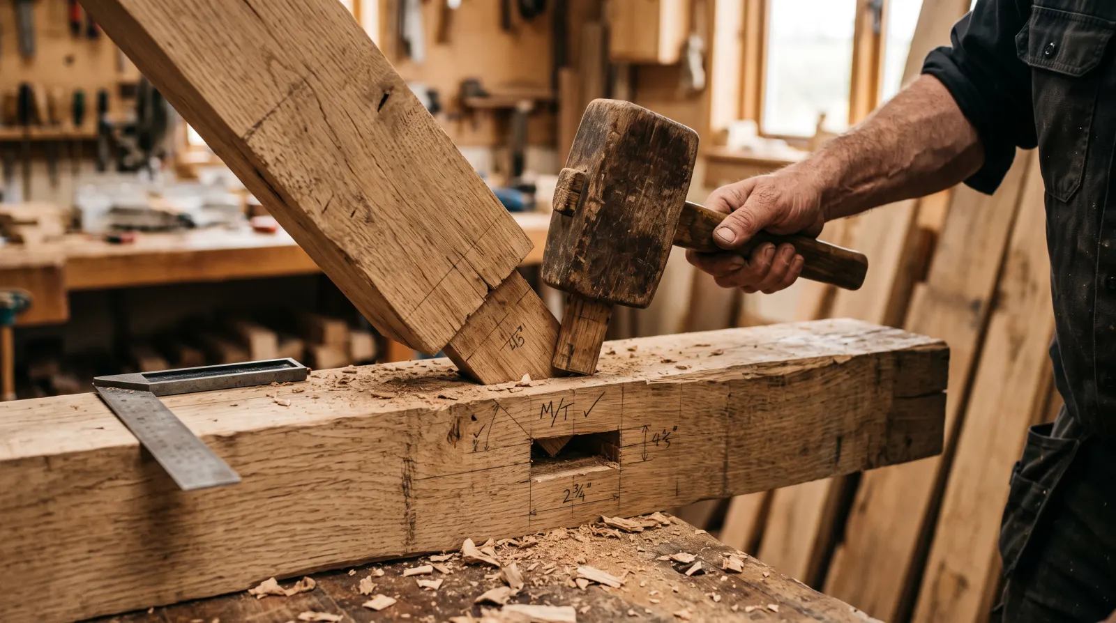 Assemblage tenon-mortaise sur une pièce de charpente, maillet en bois
