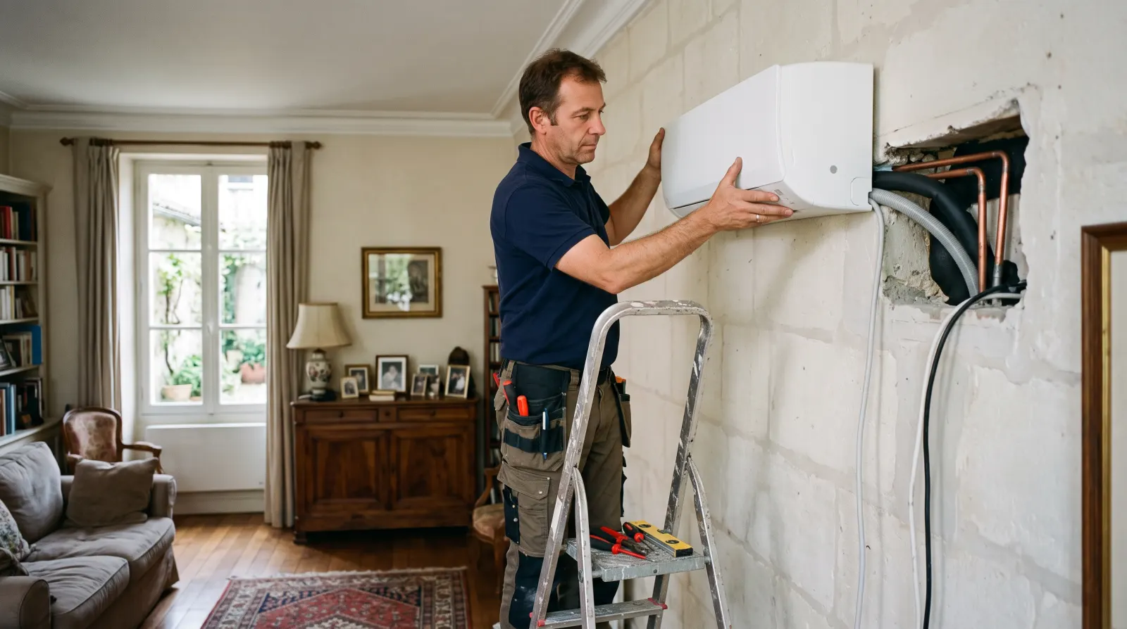 Split intérieur mural installé au-dessus d'une porte, dans un séjour