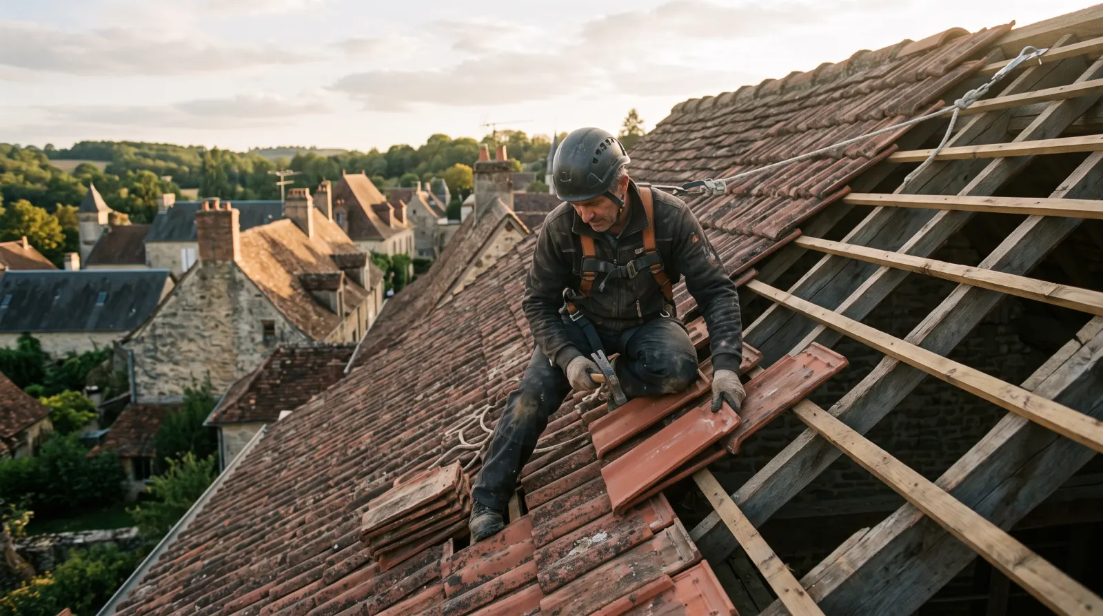 Pose de tuiles sur un pan de toiture, rangs alignés au cordeau