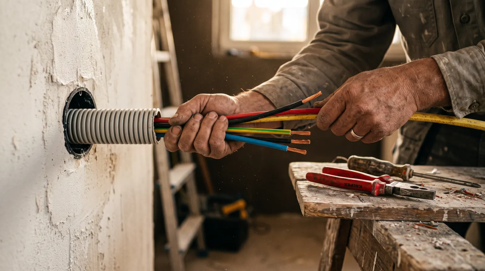 Tirage de câbles dans des gaines, en cours de rénovation d'un logement