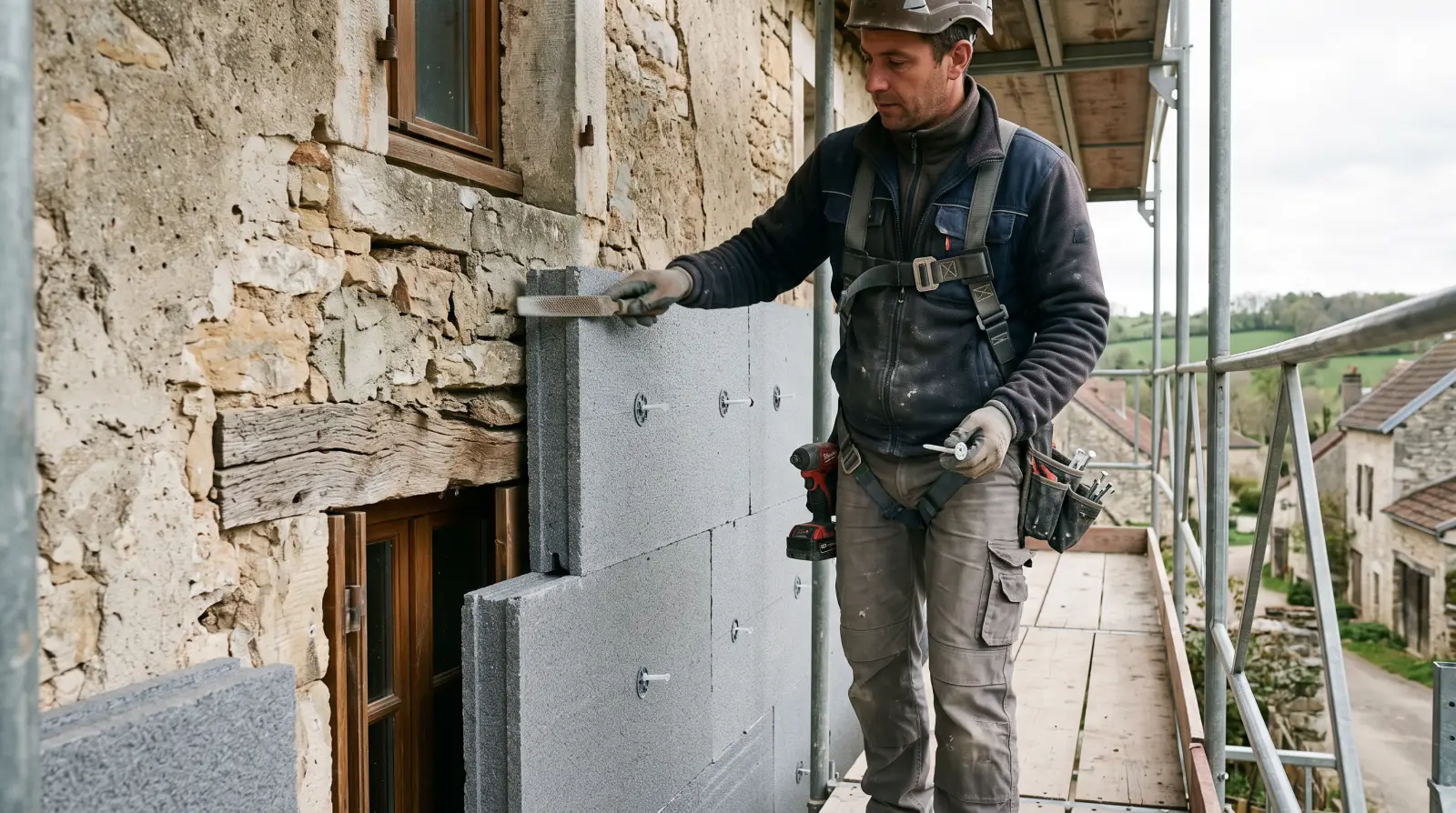 Pose de panneaux d'isolation par l'extérieur sur une façade, depuis un échafaudage