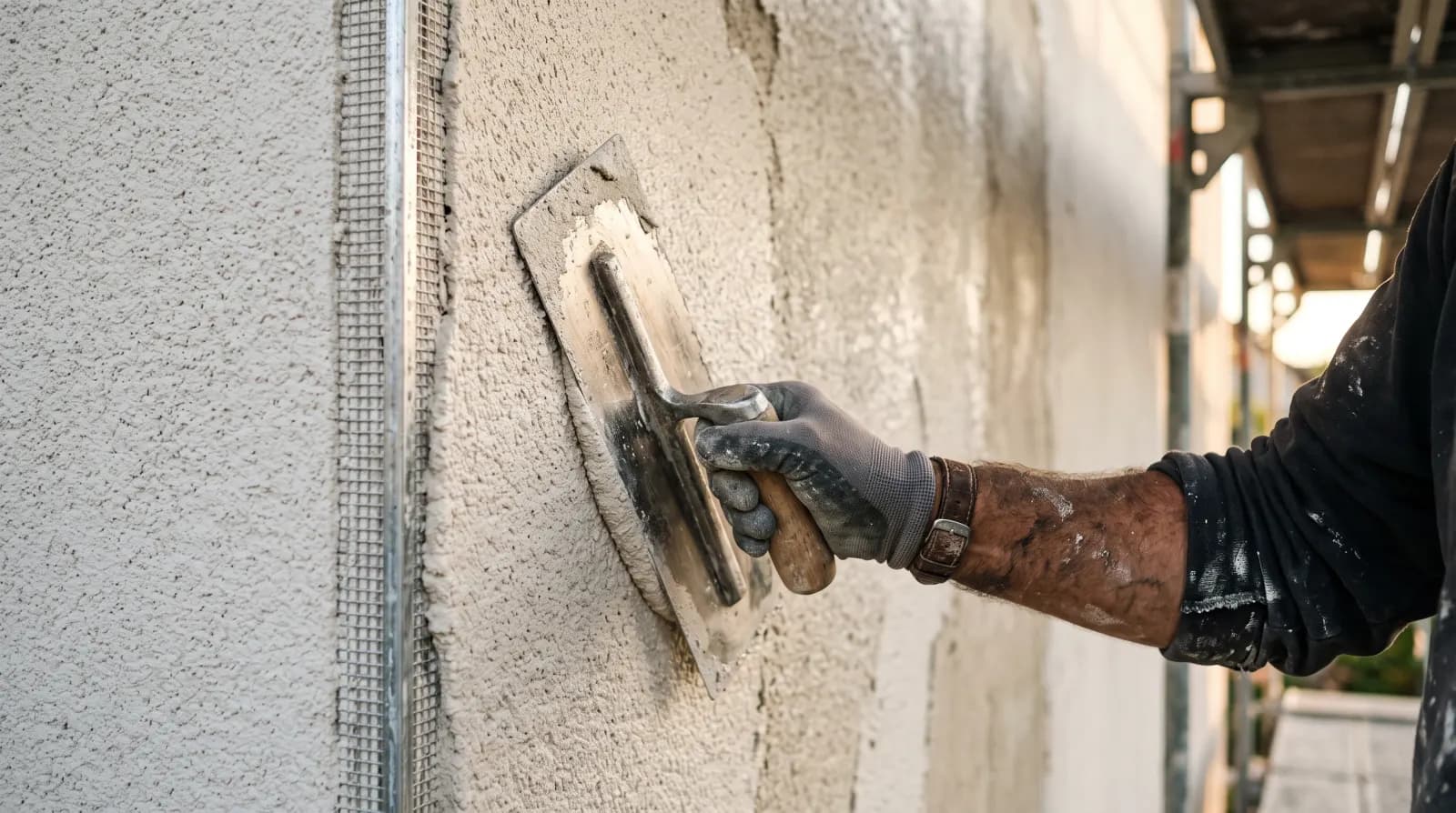 Application d'un enduit de finition à la taloche sur une façade