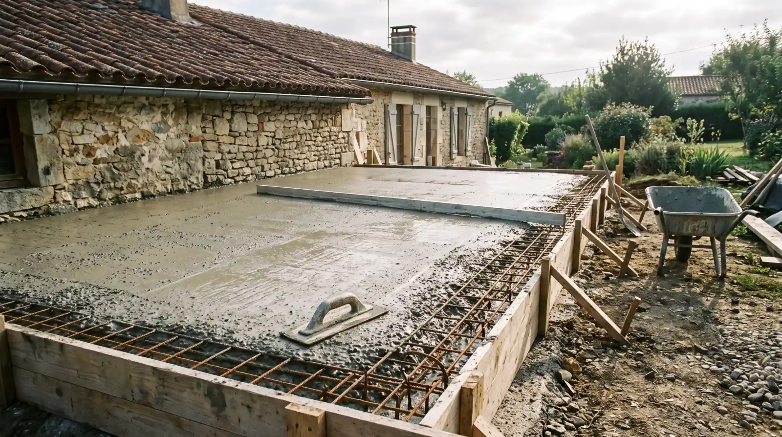 Dalle béton ferraillée avant coulage, treillis soudé en place