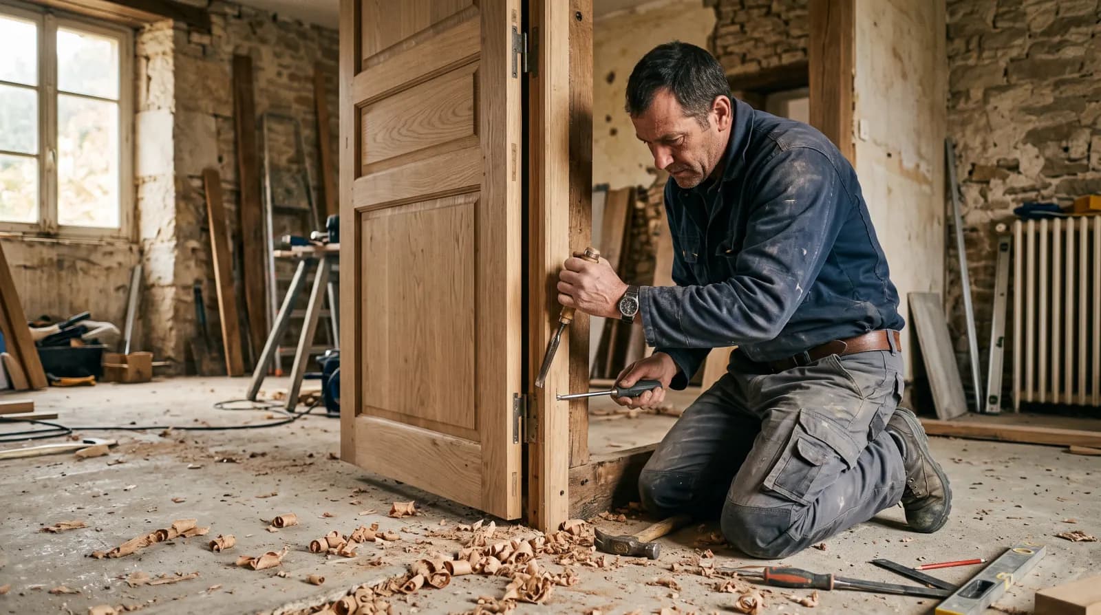 Pose d'une porte intérieure et de son bâti dans une cloison