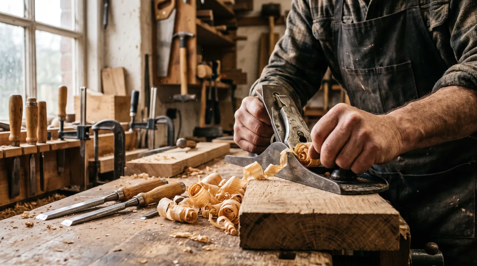 Rabotage d'une pièce de bois à l'établi, copeaux et outils à main
