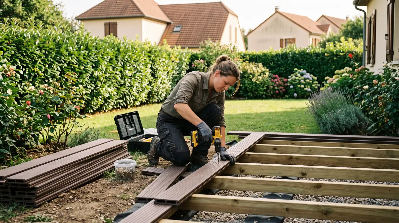 Pose de lames de terrasse en bois sur lambourdes, dans un jardin