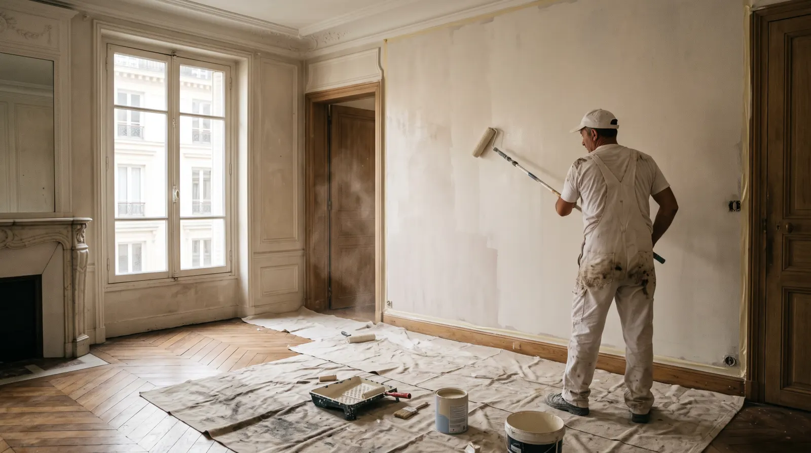 Application de peinture au rouleau sur un mur intérieur, protections au sol