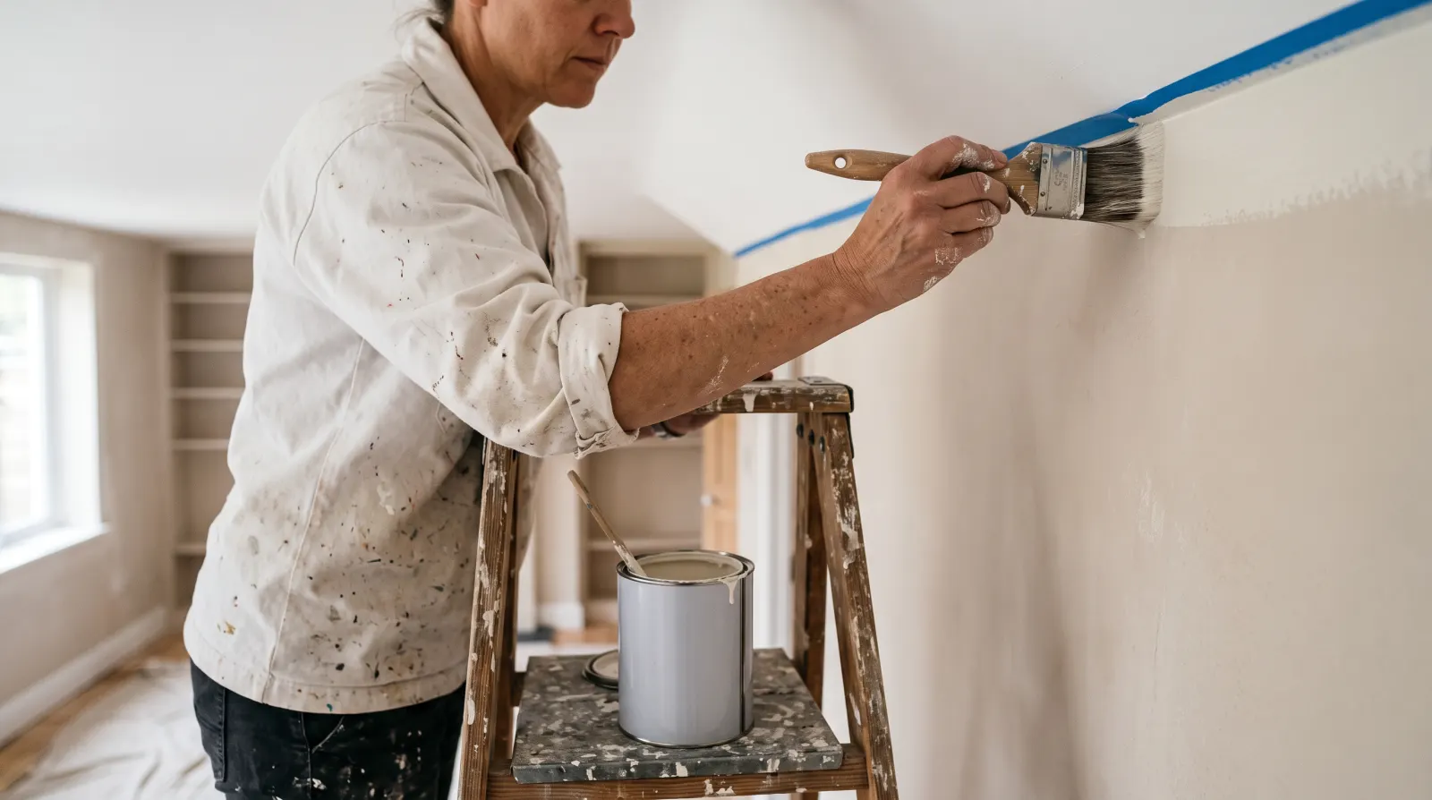 Finition à la brosse le long d'une plinthe et d'un encadrement