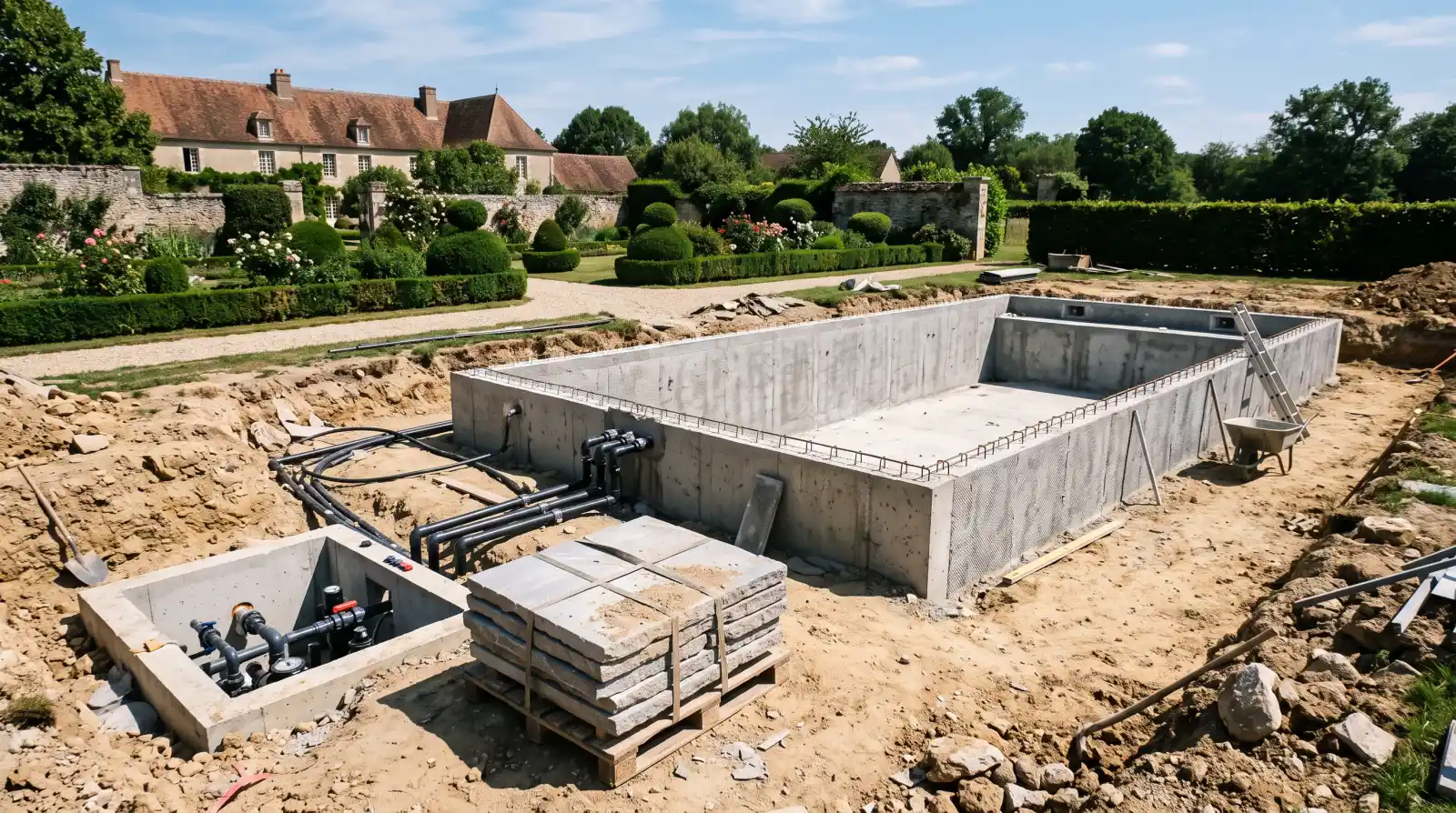 Bassin de piscine en construction, structure et fouille apparentes