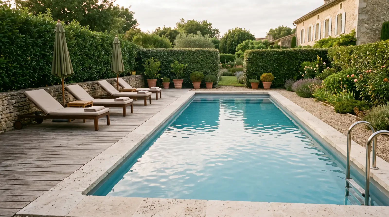 Piscine terminée avec sa plage et ses abords aménagés