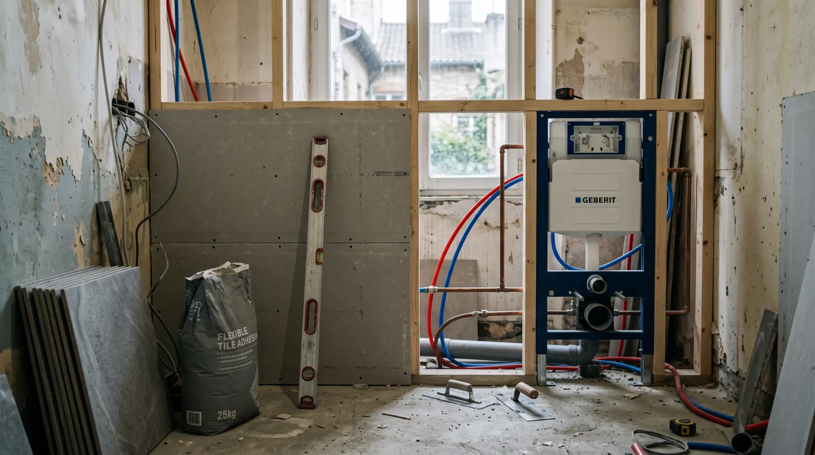 Salle de bain en chantier, cloisons et attentes sanitaires apparentes