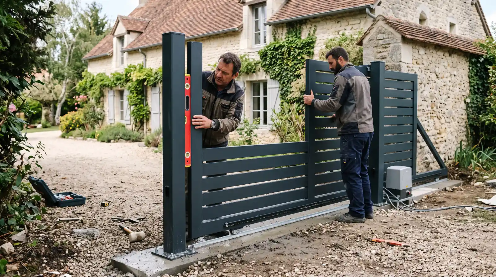 Portail aluminium coulissant en cours de pose sur son rail