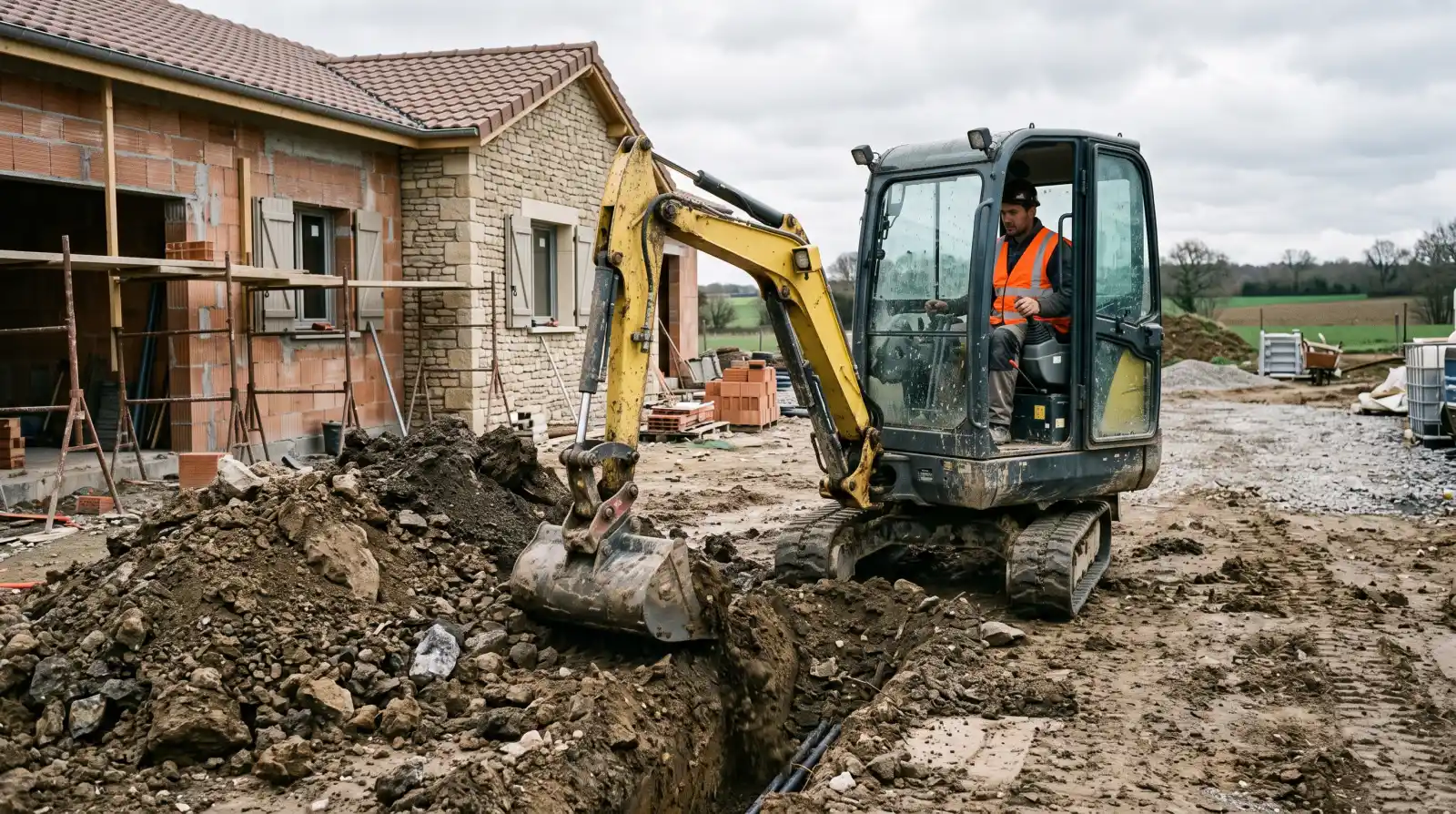 Mini-pelle creusant une tranchée sur un chantier, terre en cordon