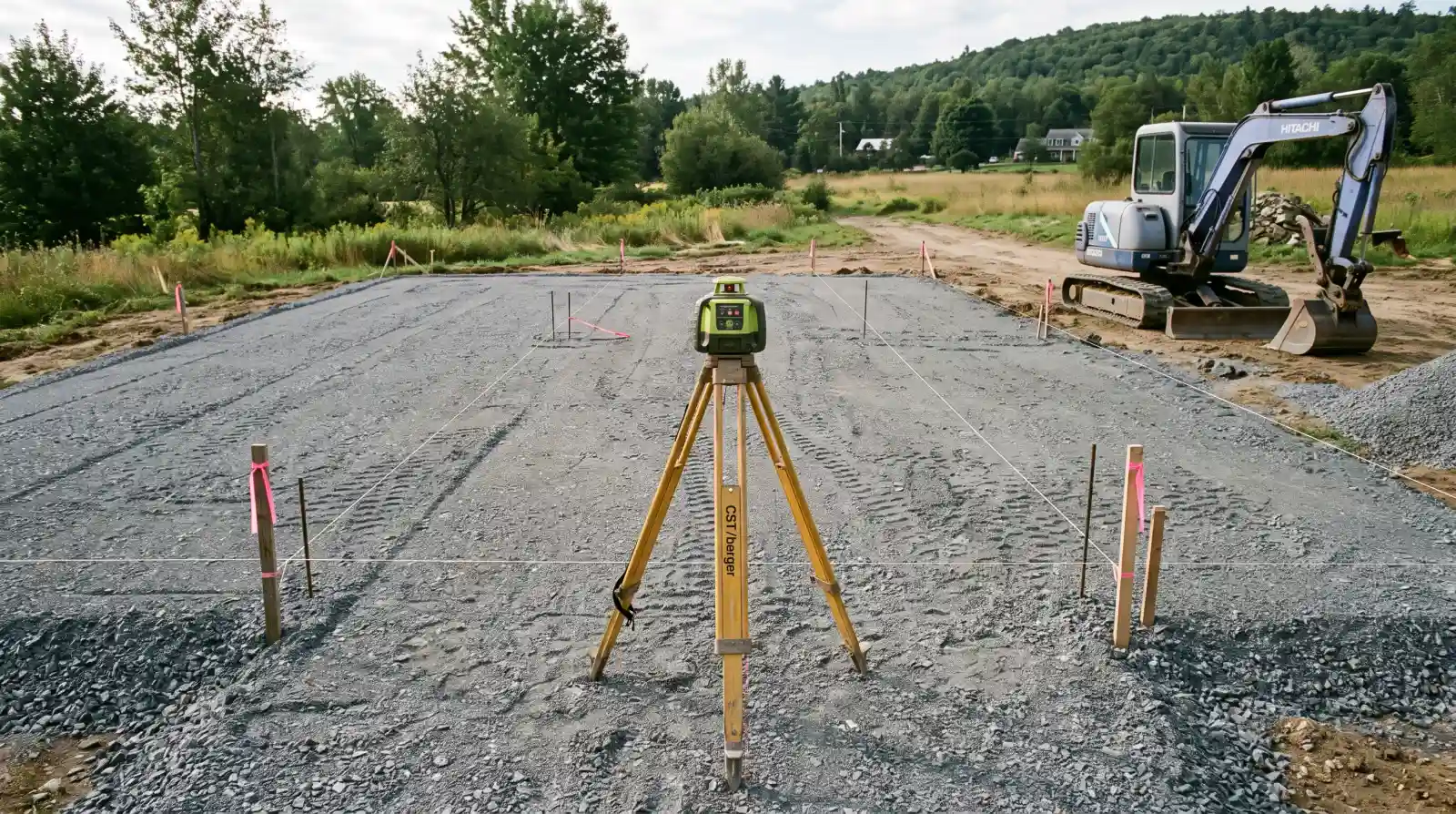 Plateforme réglée et compactée, niveau laser sur trépied