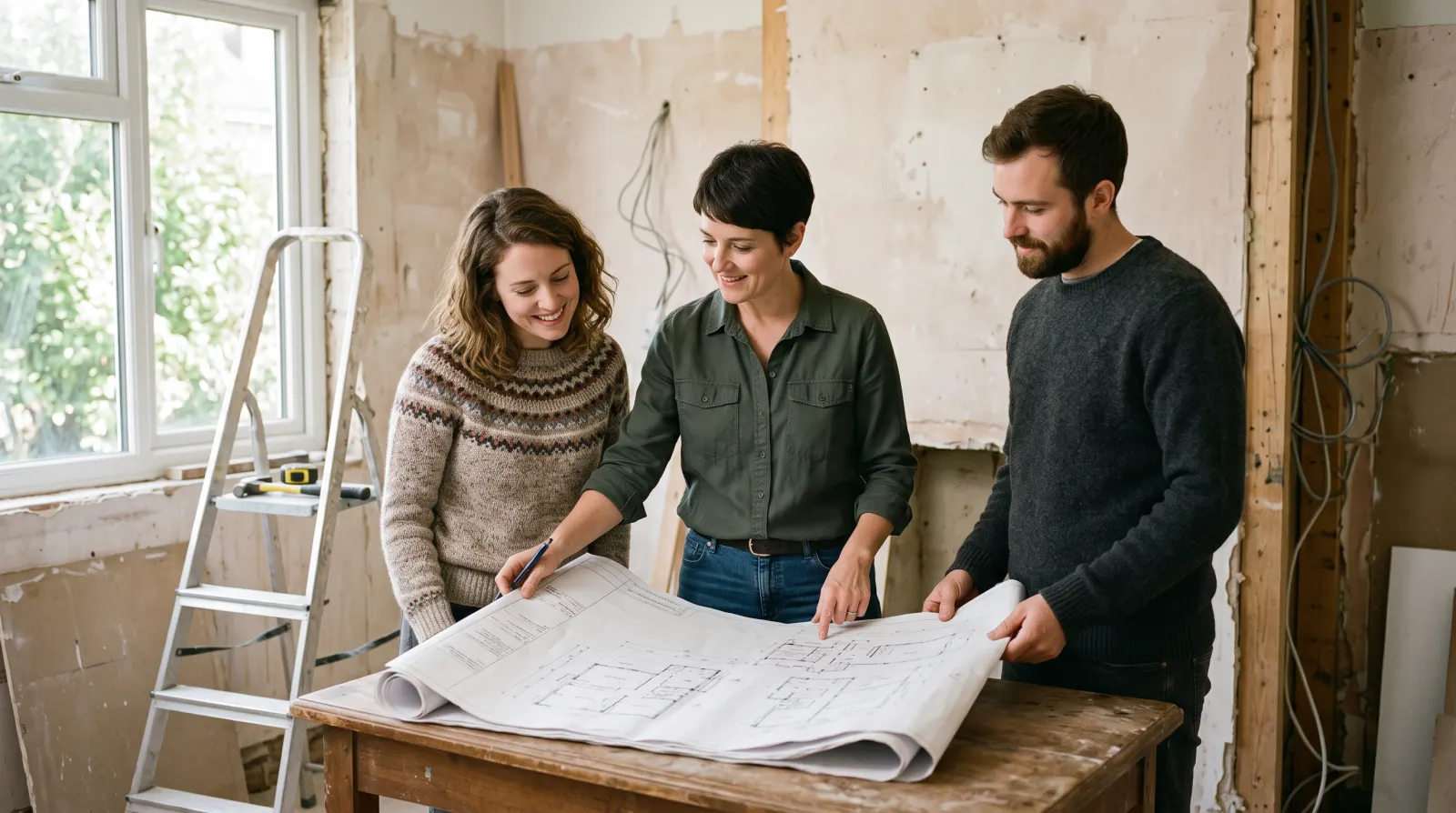 Conseiller présentant des plans à un couple, autour d'une table