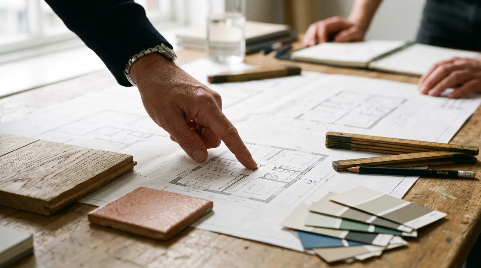 Plan de logement et échantillons de matériaux posés sur une table