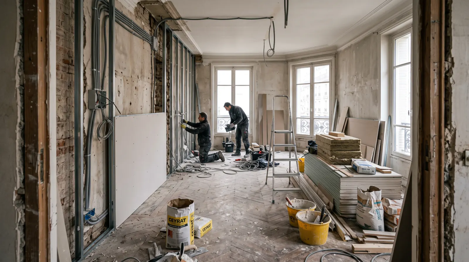 Appartement en rénovation, vue large sur plusieurs pièces mises à nu