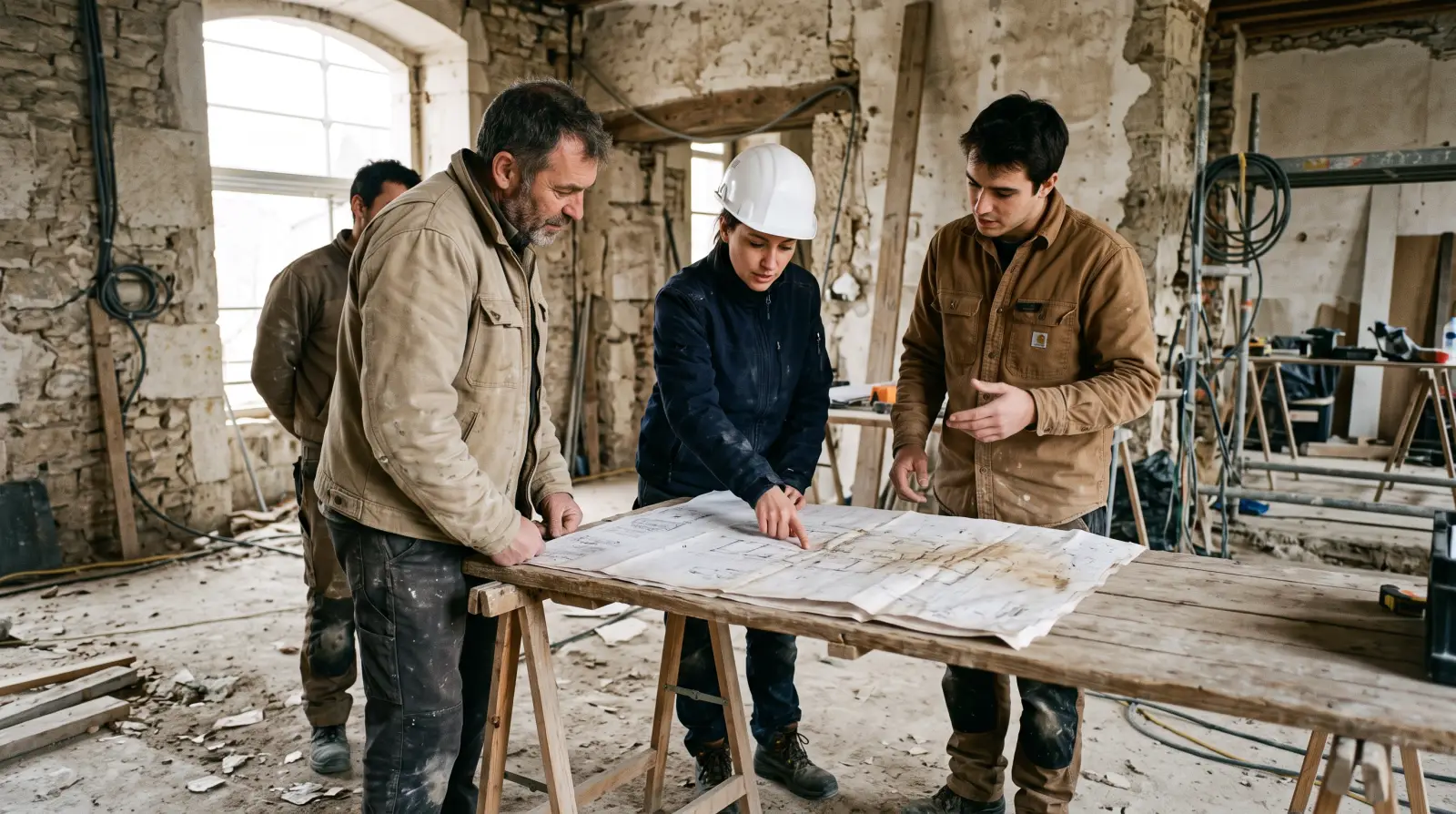 Réunion de chantier autour de plans étalés sur une table